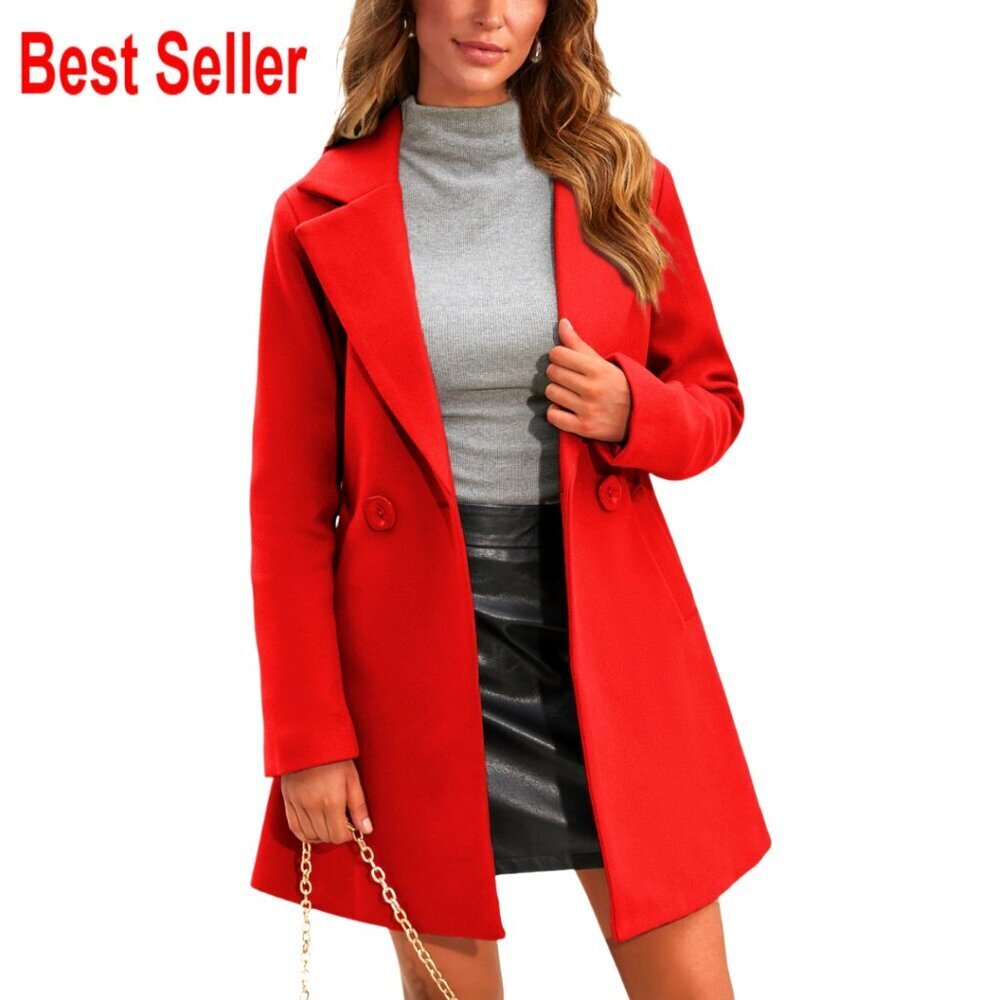 Classic Wool Pea Coat Notched Collar Double Breasted Midi Trench Outwear
